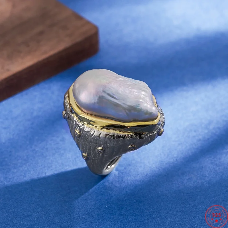 S925 Sterling Silver Charms Rings for Women Contrast Colored Pattern Inlaid Baroque Pearl Zircon Fashion Punk Jewelry Wholesale