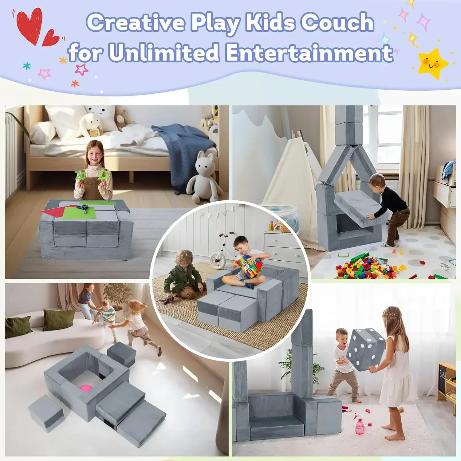 7 Pcs Modular Toddler Couch, Freely Removable Kids Chair Sofa for Playing, Creativity, Sleeping, Versatile Fold Out Baby Play Co