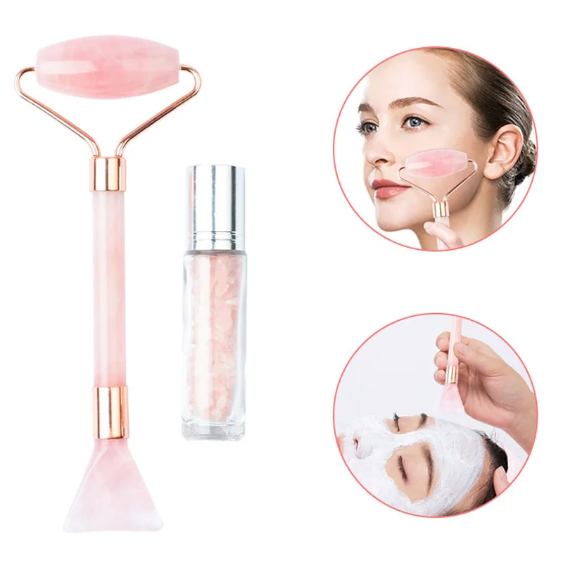 

Pink Crystal Mask Brush Roller Jade Roller Face Push Face Massage Jade Oil Bottle Roller Set Beauty Anti-Aging Tools