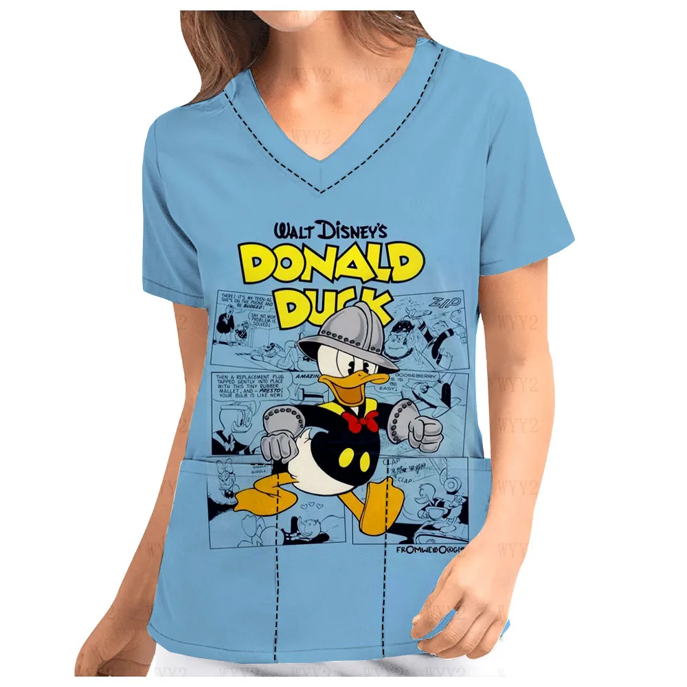 Beauty Workwear Nurse Accessories Disney Donald Duck Daisy Print Hospital V-Neck Print Scrub Top Women's Clothing Uniform