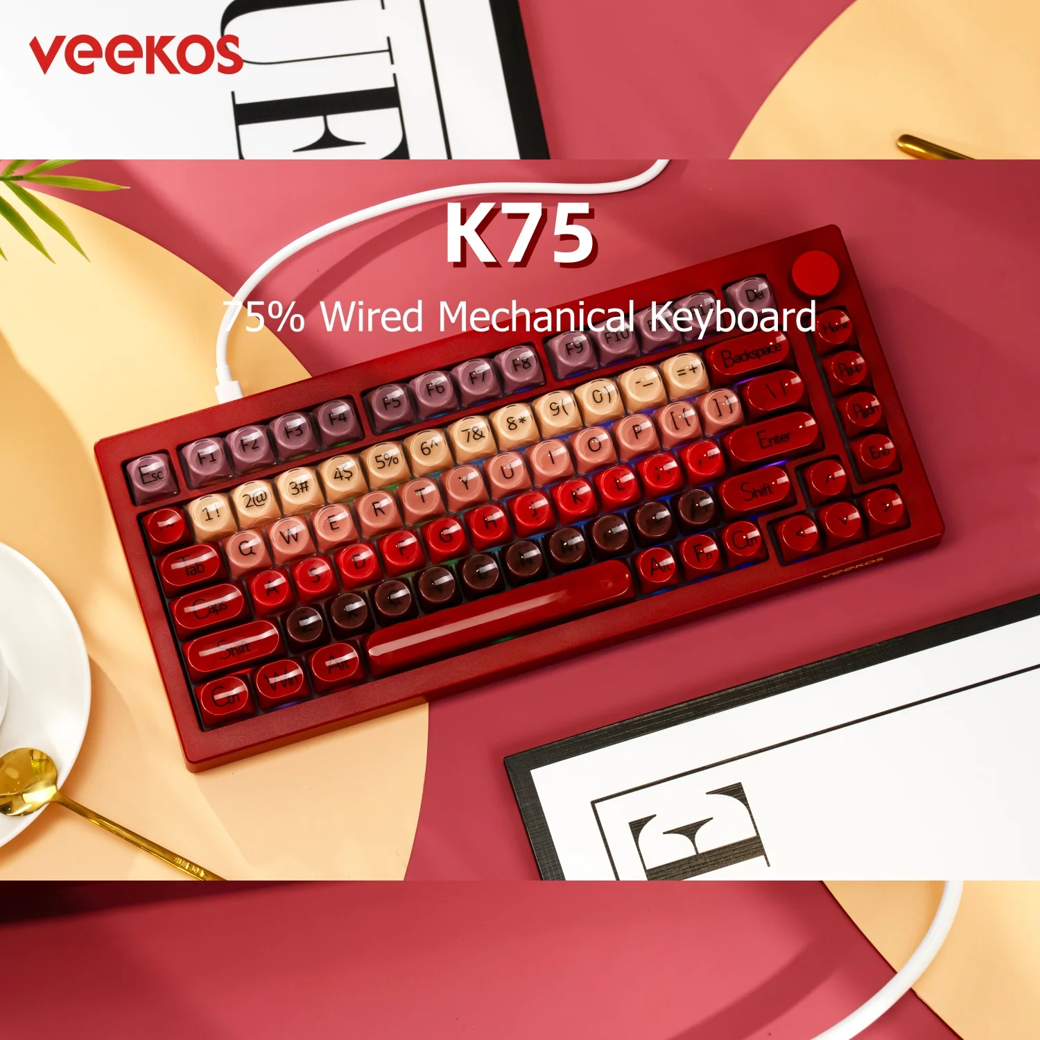 

Veekos K75 Mechanical Keyboard 75% Layout ANSI US Hot-swappable RGB MOA Profile Lipstick Keycap USB Type-C Wired Gaming Keyboard