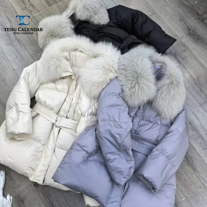 Chaqueta de plumón con cuello de piel de zorro auténtica de gran tamaño, chaqueta de cintura suelta y gruesa de longitud media a larga, nueva colección de invierno para mujer