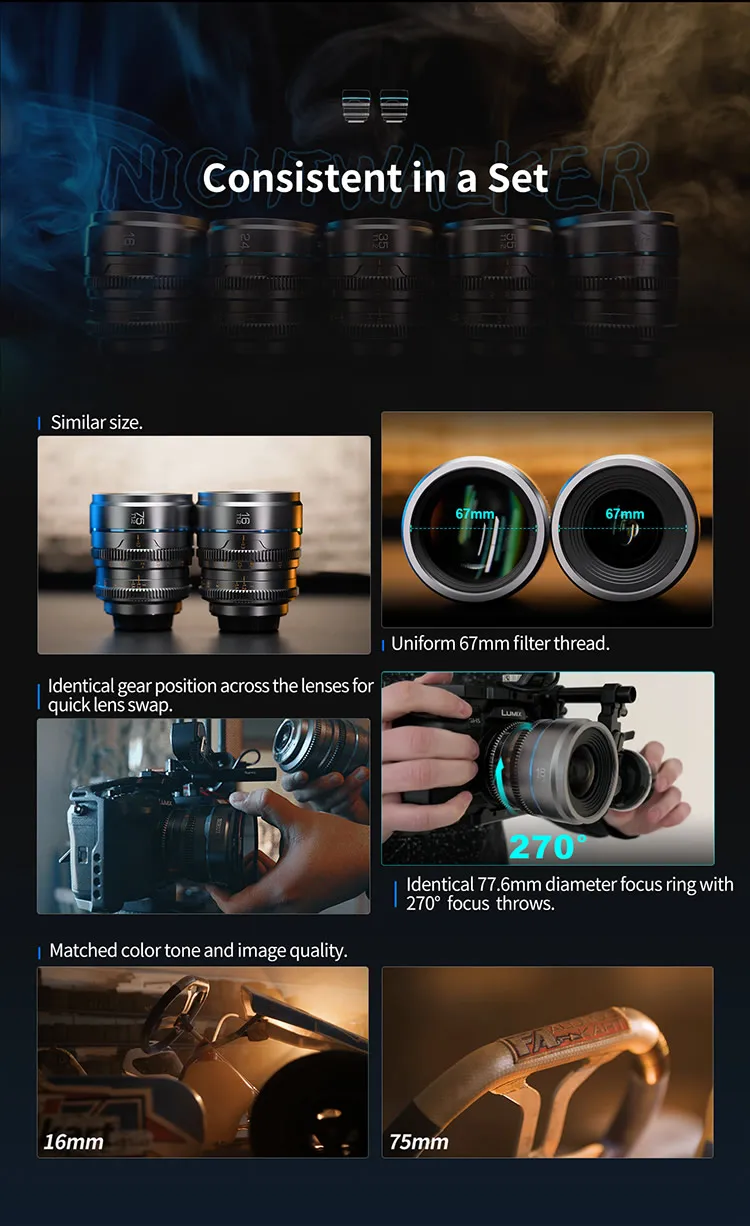 SIRUI Night Walker T1.2 S35 Cine-Objektiv 16mm, 24mm, 35mm, 55mm, 75mm Große Blendenöffnung Manuelles Fokus-Objektiv – Detail 11