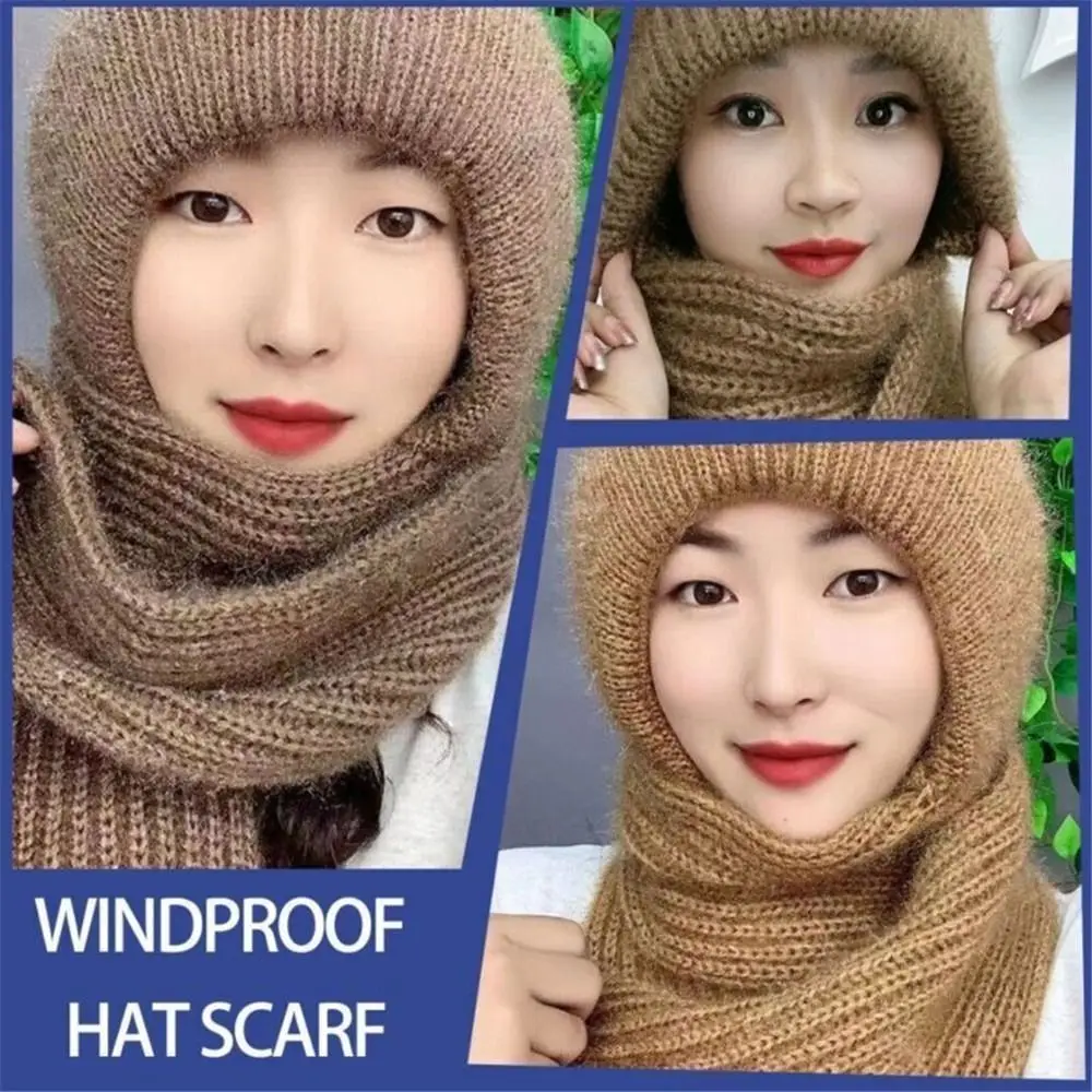 Knitted Integrated Cap Scarf Winter Warm Windproof Ear Protection Cap Casual Soft Beanie Hat Scarf Women