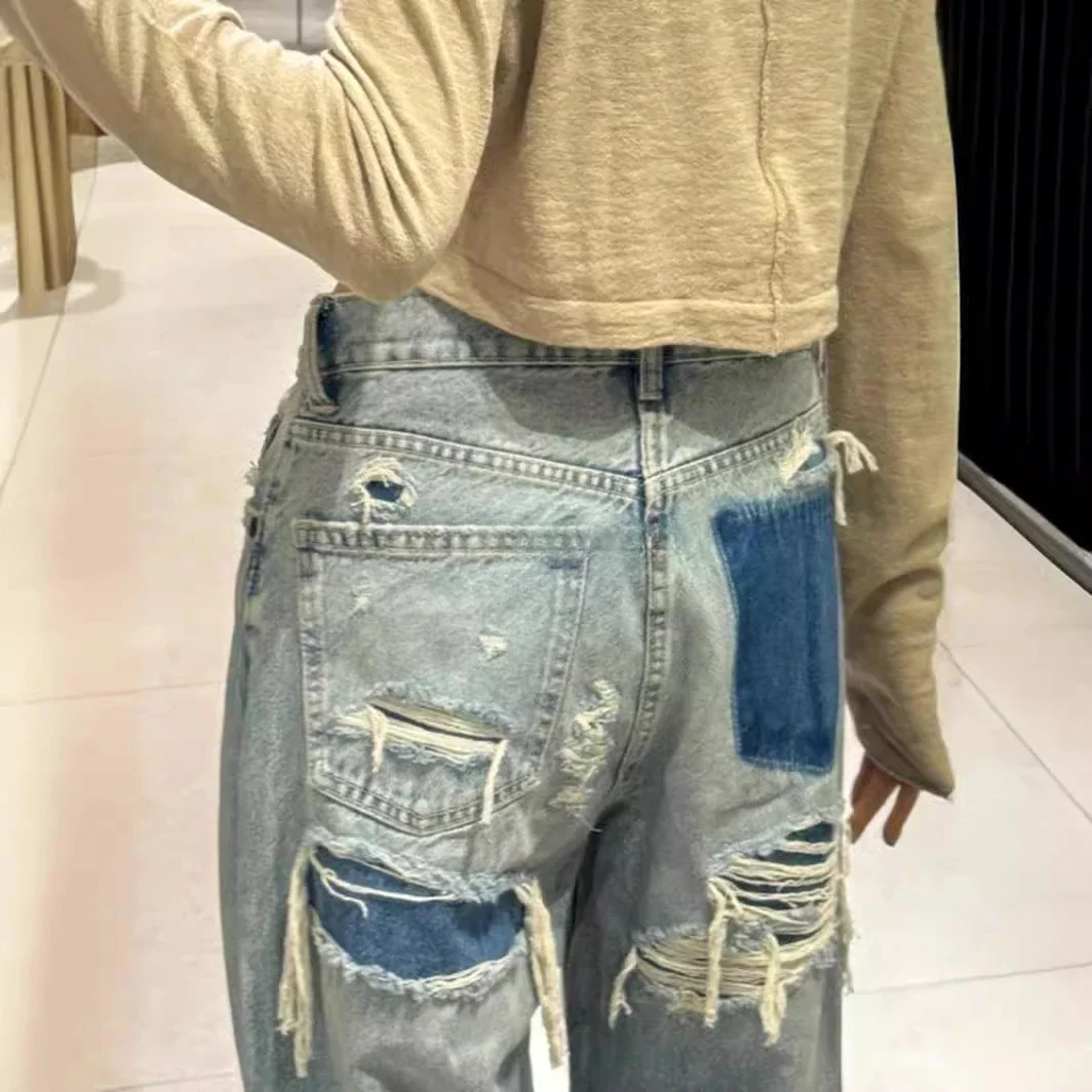 Ripped Jeans for Women Hole Pants Streetwear Low Waist Washed Distressed Pockets Denims 2025 Mom Jeans Vintage Straight Trousers - Image 4