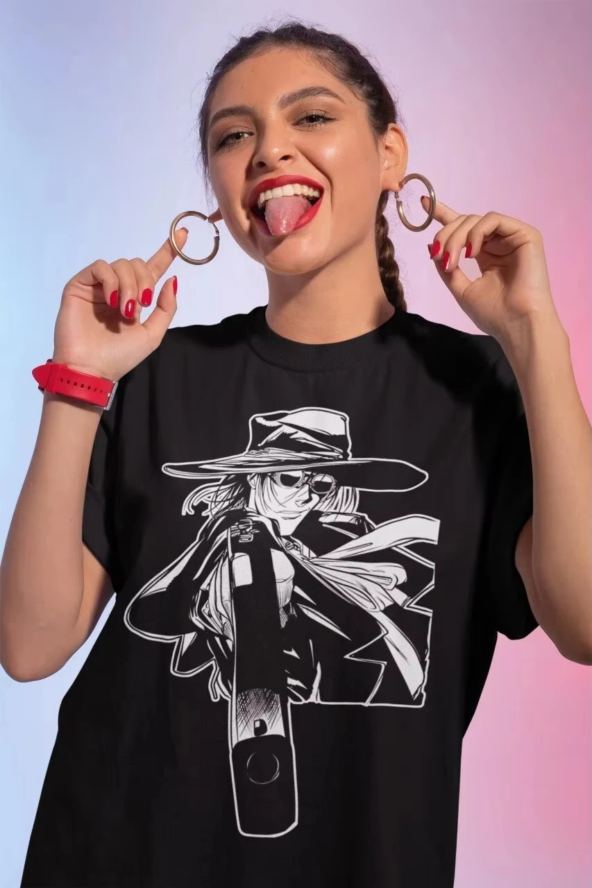 2025 الصيف قصيرة الأكمام Hellsing Alucard قميص الانمي الرعب مانغا المحملة للجنسين الثقيلة القطن المشجعين فضفاض ملابس علوية من القطن المحملة Harajuku #3