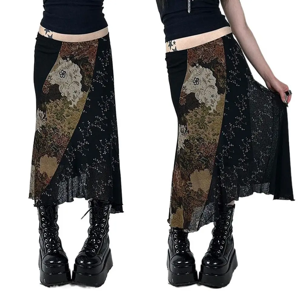 

Универсальная длинная юбка-миди с цветочным принтом, винтажная юбка трапециевидной формы с отделкой салата, эластичная одежда в стиле ретро с рюшами для девочек