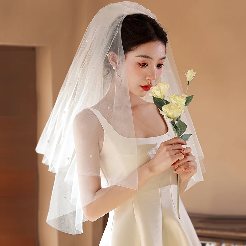 

Pearl Bridal Veil Double Layer Soft Wedding Vei 70cm/45cm Female Short Wedding Photography Romantic Accessories
