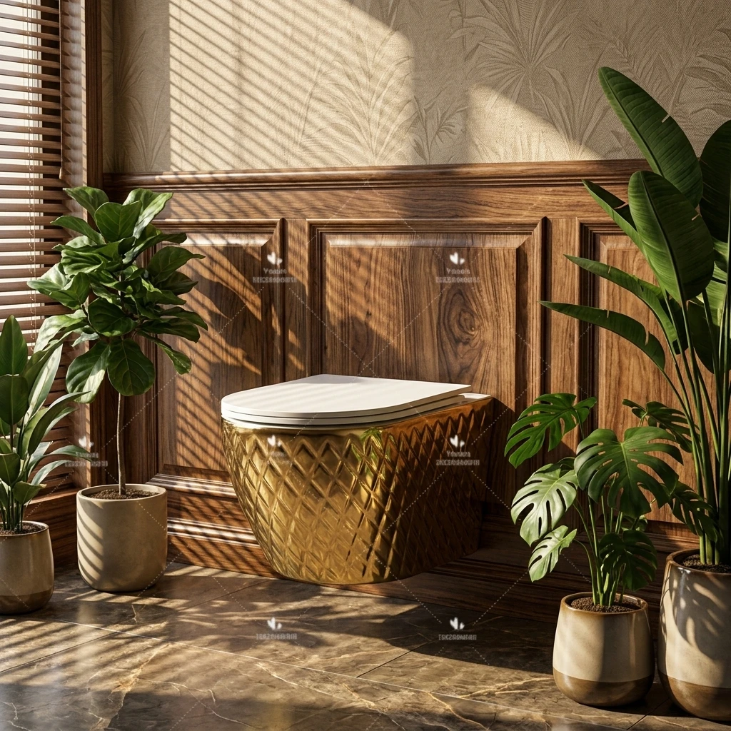 Modern Gold Wall Hung Toilet Premium Ceramic Wall Mounted Bathroom Toilet Soft Close Cover