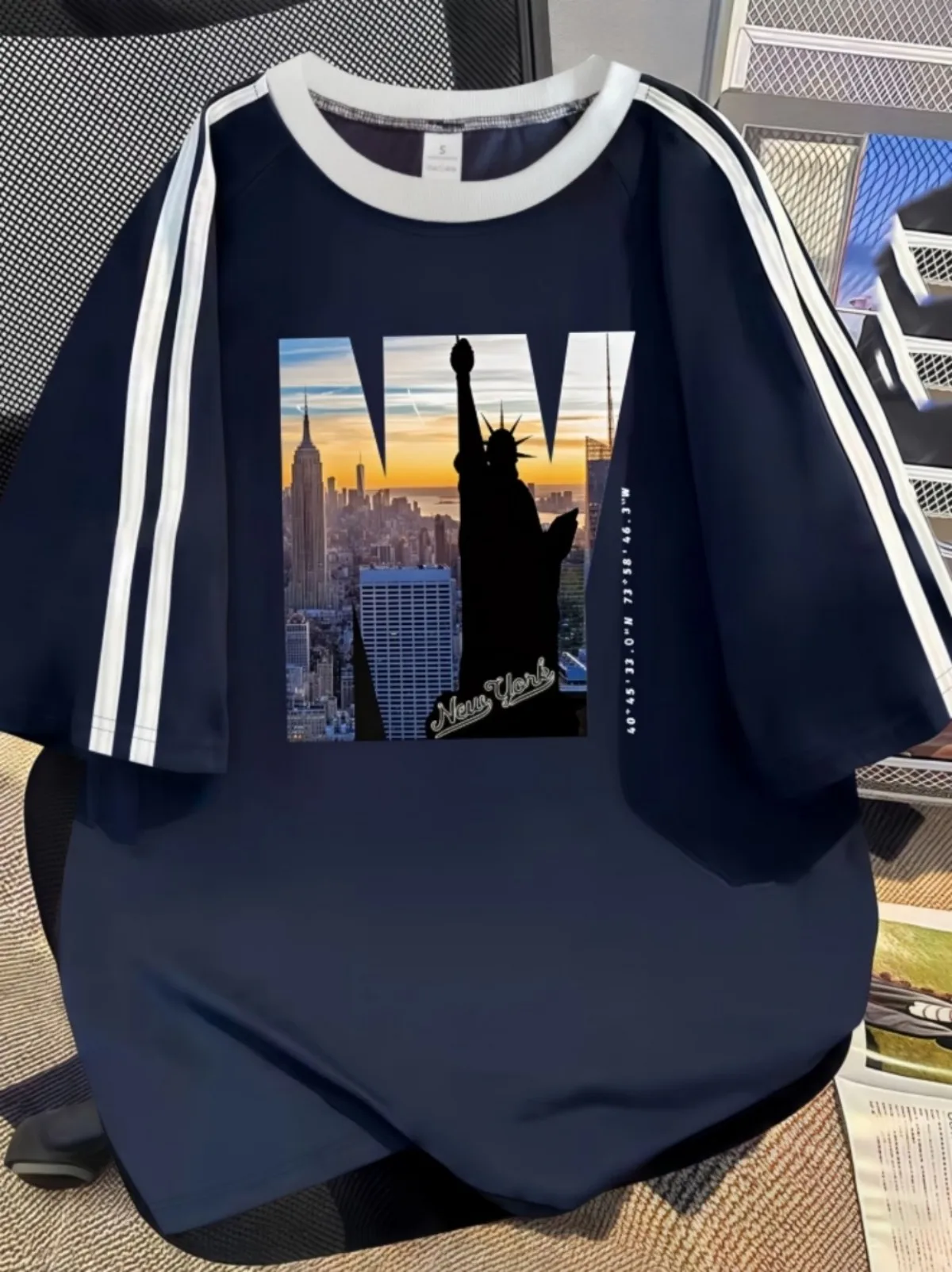 American men's summer New York Statue of Liberty landscape print soft and breathable round neck T-shirt outdoor street top