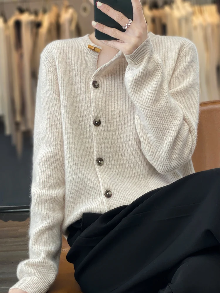 Cardigan women's 100% pure cashmere sweater autumn and winter coat high-end thick autumn plus size sweater coat high sense.