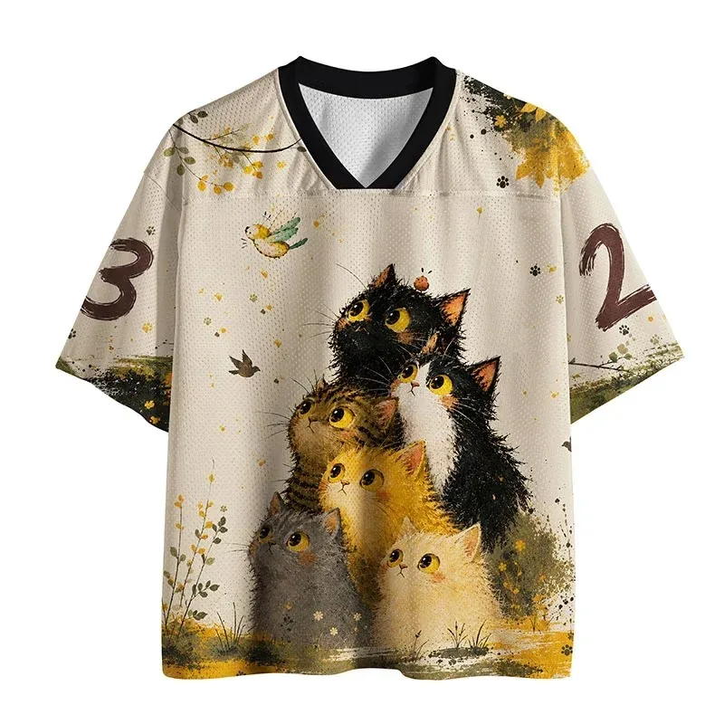 Cute Stacked Cat Graphic Short-Sleeve V-Neck T-Shirt — Autumn Watercolor Floral Print, Street-Style Outdoor Sports Fashion Tee