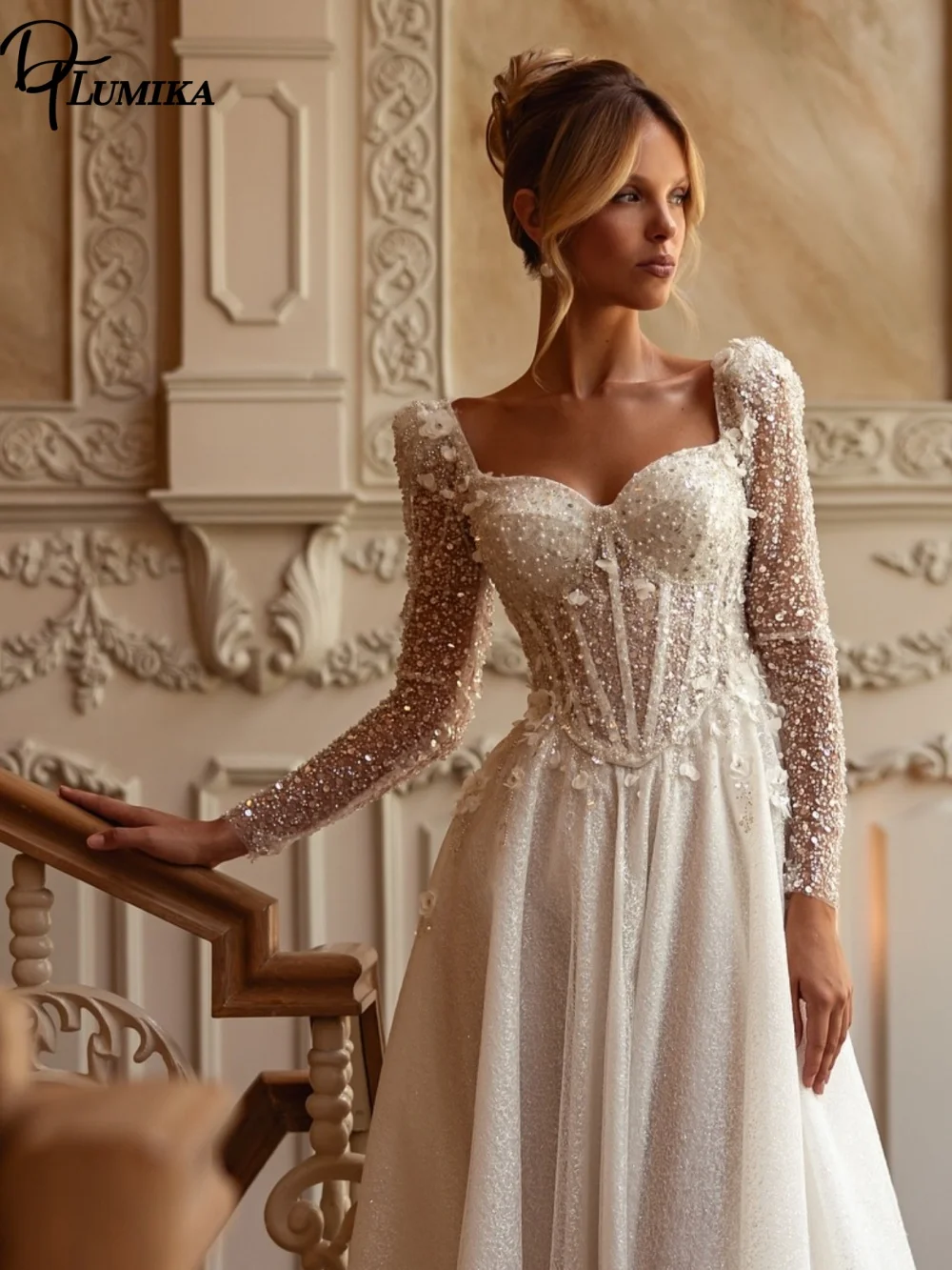 Vestido de Noiva Glamoroso e Brilhante de Manga Longa 2026, Corpete Requintado, Vestido de Noiva Real com Corte Personalizado - Vestido de Noiva