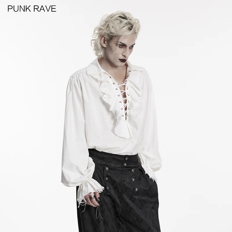 PUNK RAVE Men's Gothic High-quality Cotton Bubble Sleeves Retro Shirt Soft Comfortable Ruffles with Drawstring Tops 2 Colors