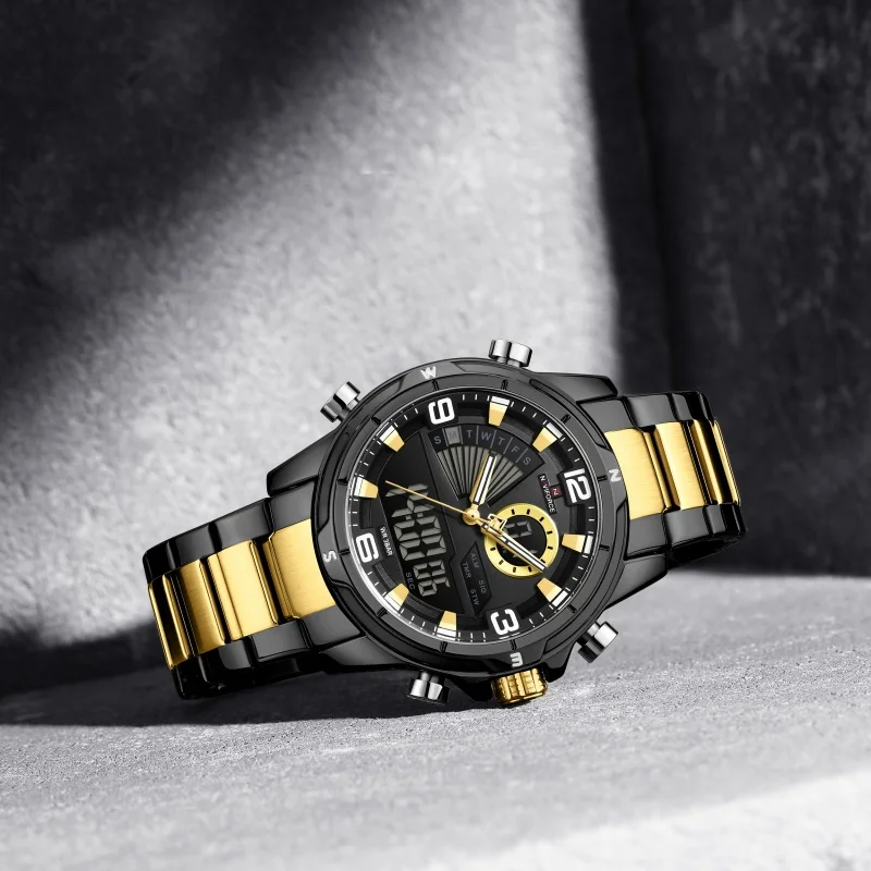 NAVIFORCE Men Dual Display Watch 3ATM Waterproof Luminous Hands Stainless Steel Strap Military Sports Wristwatch Gifts Box