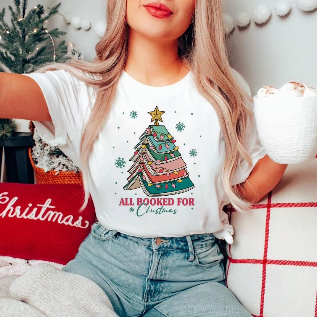 Camiseta de Natal estampada com decote em O feminino, árvore de Natal, toda reservada, fofa, anos 90, feliz ano novo, moda casual, camiseta gráfica