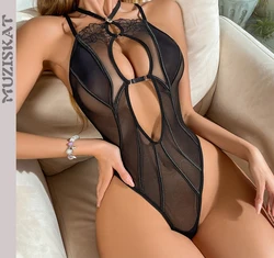 MUZISKAT Spring New Embroidery Mesh Splicing Sexy One-Piece Underwear Hanging Neck Skeleton Sling Erotic Onesie Onlyfan