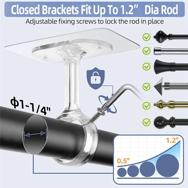 DT17 6 Pack No Drill Ceiling Mount Rod Brackets, Heavy Duty Self-Adhesive Curtain Rod Holders, Adjustable Hooks for Curtain