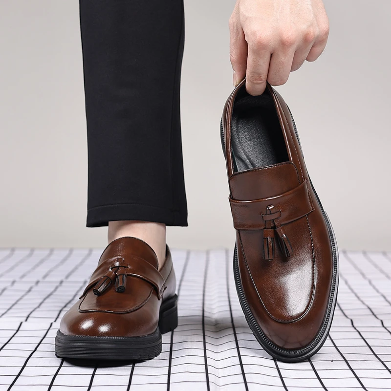 

Mens Brown Genuine Leather Tassel Penny Loafers Slip On Chunky Sole Formal Dress Shoes Comfortable Non Slip For Business Office