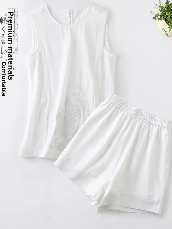 New Chinese Sle Embroidered Cotton Linen ort Sve Set Summer 2025 Faionable round Ne Two-Piece Suit ort Pants