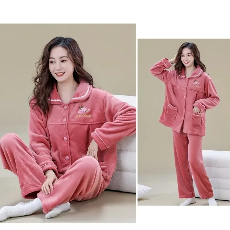 Women New Autumn Winter Flannel Pajamas Loose Simple Solid Color Loungewear Coral Fleece Sleepwear High-end Warm Homewear Set