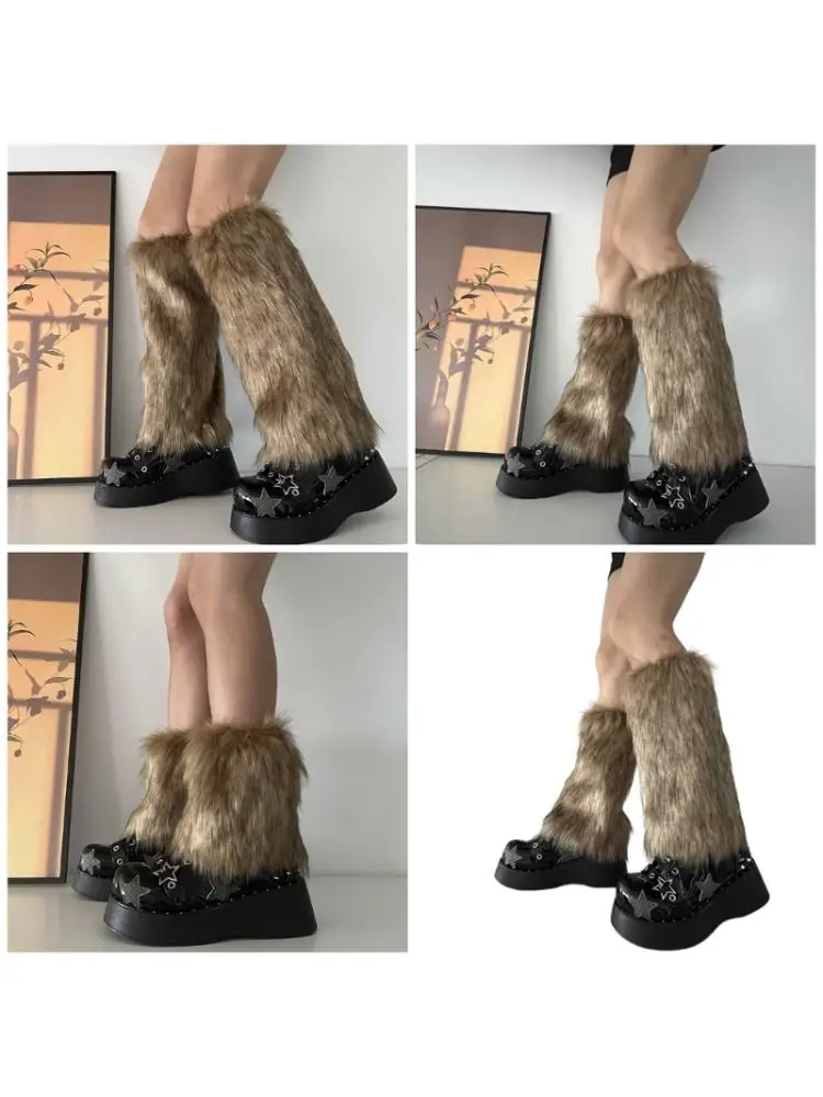 95AB – chauffe-jambes en fourrure pour femmes, manchettes bottes longues, couvre-chaussures floues, Costume fête pour les
