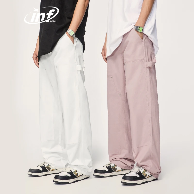 

INFLATION Harajuku Cotton Straight Leg Pants Unisex Pink Cargo Pants Men Twill Trousers Dropshipping