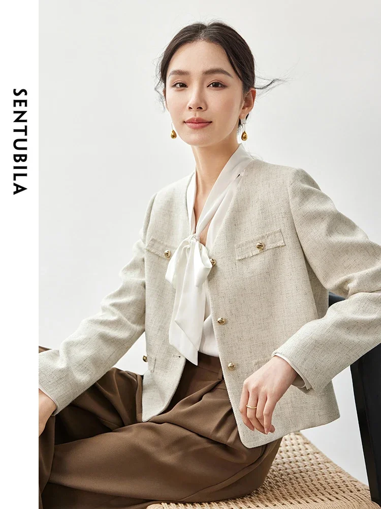 SENTUBILA Elegant Tweed Tassels Jackets Women 2024 Autumn Texture Straight V Neck Long Sleeve Letter Metal Button Coat 143W55803