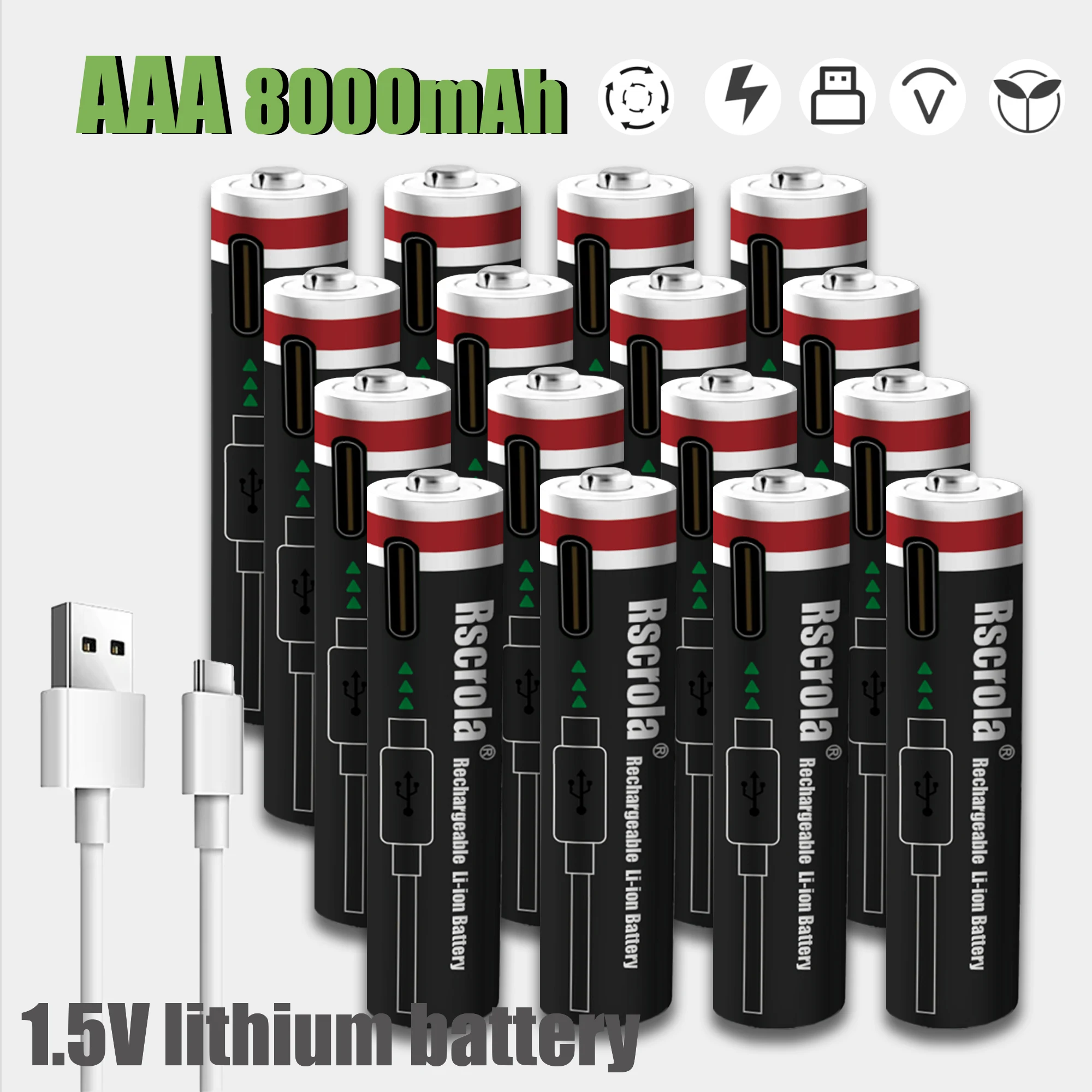 

USB AAA 1.5V 8000mAh Rechargeable Battery Lithium Batteries with 4-in-1 USB Cable for Toys Camera Flashlight