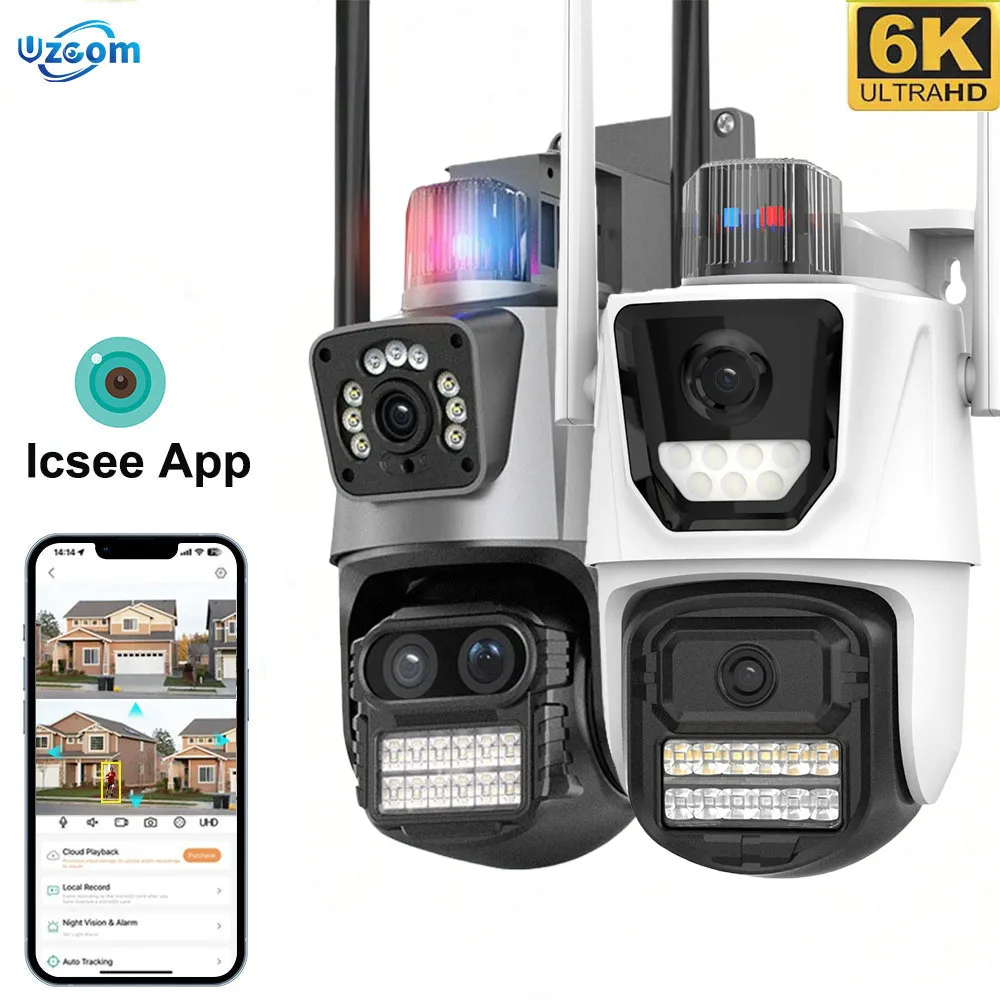 Uzoom 6K Wifi Telecamera di sicurezza esterna Tripla lente PTZ Doppio schermo Video sorveglianza impermeabile con allarme luminoso Telecamera IP