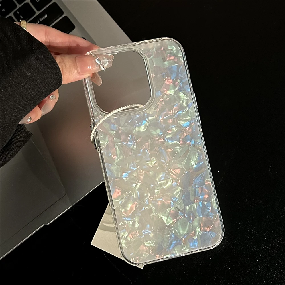 Luxury Aurora Glossy Shell Pattern Case For iPhone 16 Pro Max 15 14 Plus 13 12 11 Aurora Laser IMD Shockproof Protection Cover image 3