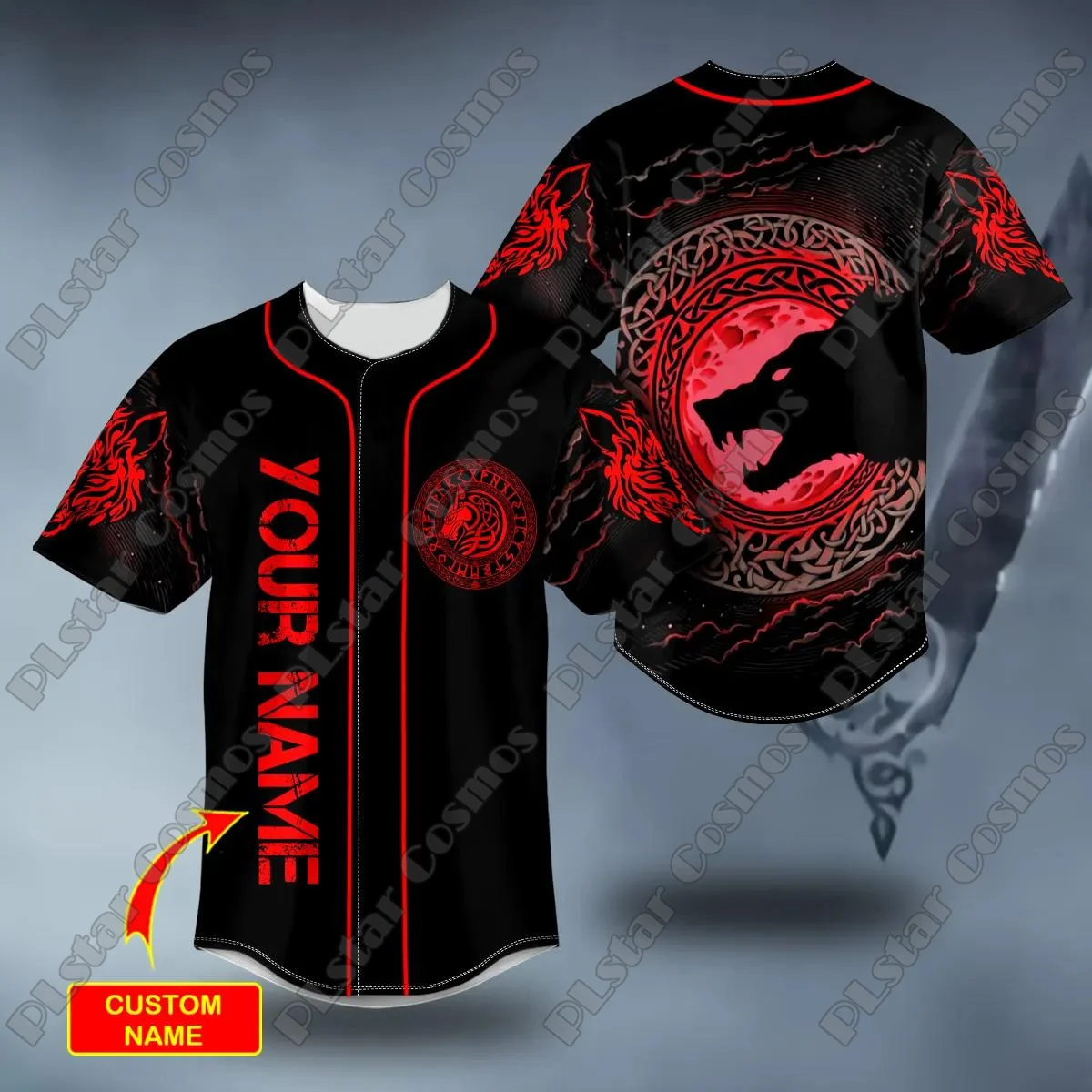 Norse Dragon White Tattoo Custom Baseball Jersey Red Moon Wolf Tattoo 3D All Over Printed Men's Casual Baseball shirt YYM04