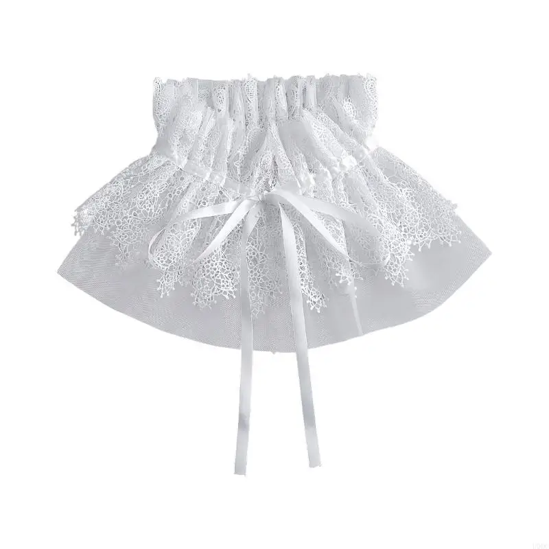 Detachable Ruffle Collar With Sheer Mesh and Lace Trim, Ribbon Tie Neck Accessory for Dress Sweater Blouse Styling Y166