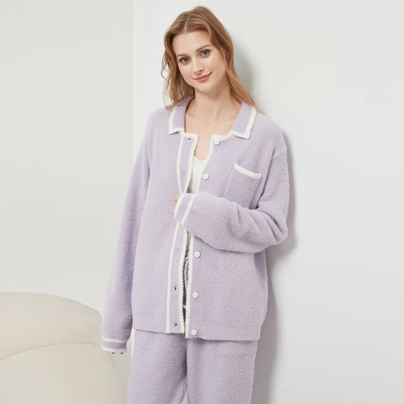 2Pcs Set Cute Thickened Warm Sleepwear Pants Peach Coral Velvet Women Homewear Suit Autumn and Winter Ladies Cardigan Nightwear