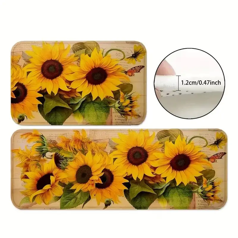 VIKAMA Decor Sunflower Mats, Non Slip Washable Floor Rugs, Comfort Standing Pads for Kitchen Bathroom & Home