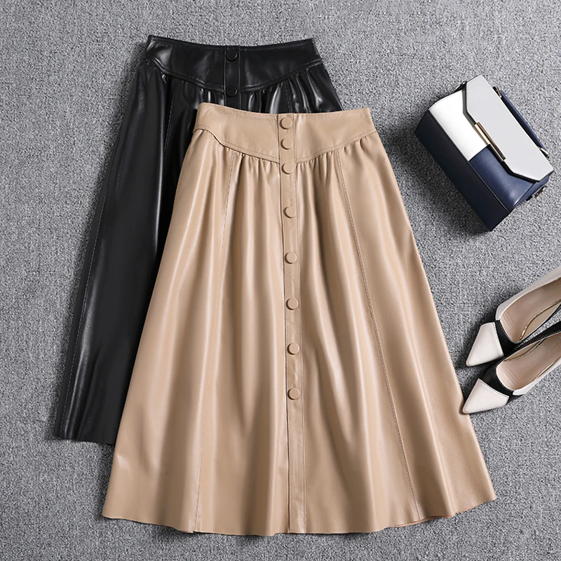 

2024 Genuine Leather A-line Skirts for Women High Waist Single-breasted Button Midi Skirt Autumn Chic Ladies Lambskin Skirts