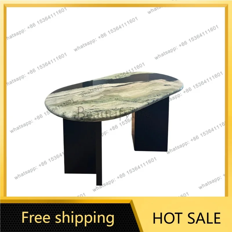 YJ Panda Jade Luxury Stone Oval Dining Table Set French Mid Century Modern Minimalist Natural Marble Dining Chairs Combination