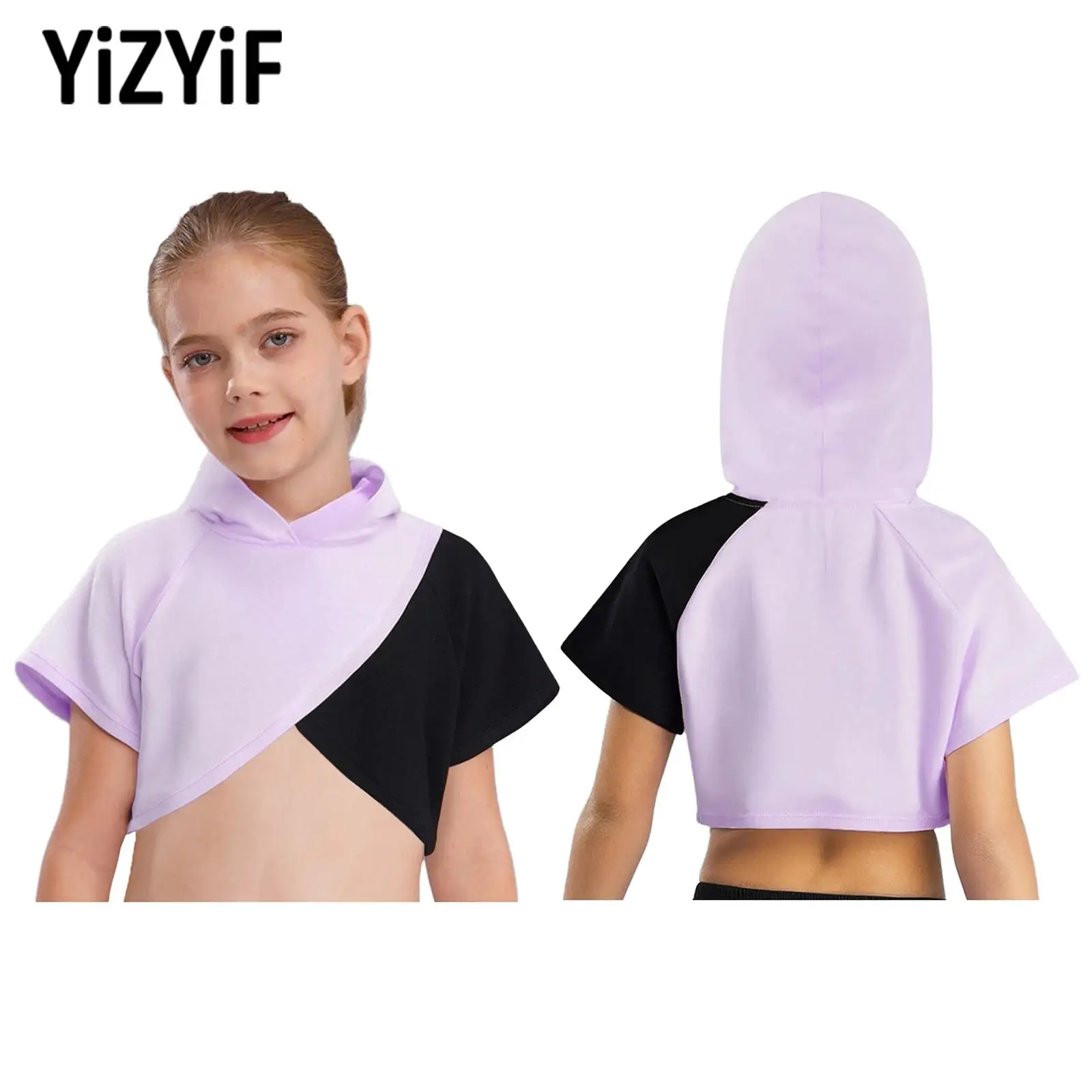 

Girls Hip-Hop Hooded Street Dance Sweatshirt Short Sleeves Color Block Irregular Hem Crop Top Sports Pullover Hoodie Casual Wear