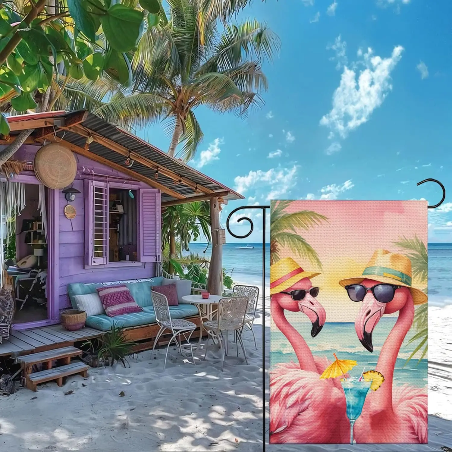 Hello Summer Pink Flamingo Seaside Vacation Flag 12 × 18 inches double-sided Welcome Home Outdoor Courtyard Decoration Flag  SSL