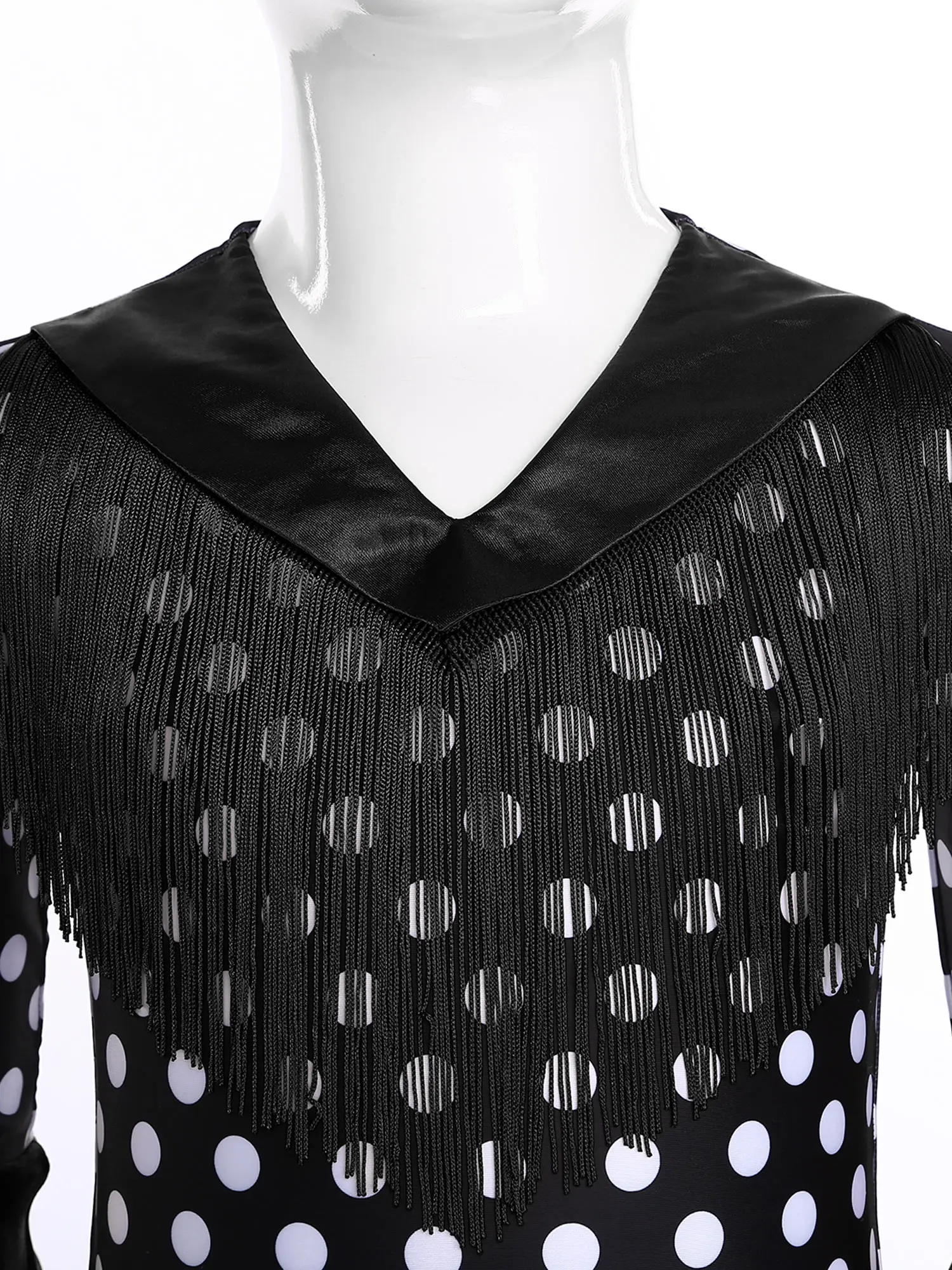 

Kids Girls Tango Latin Dance Outfit V Neck Flared Sleeve Tiered Ruffle Latin Dress Polka Dots Print Dress Salsa Chacha Dancewear
