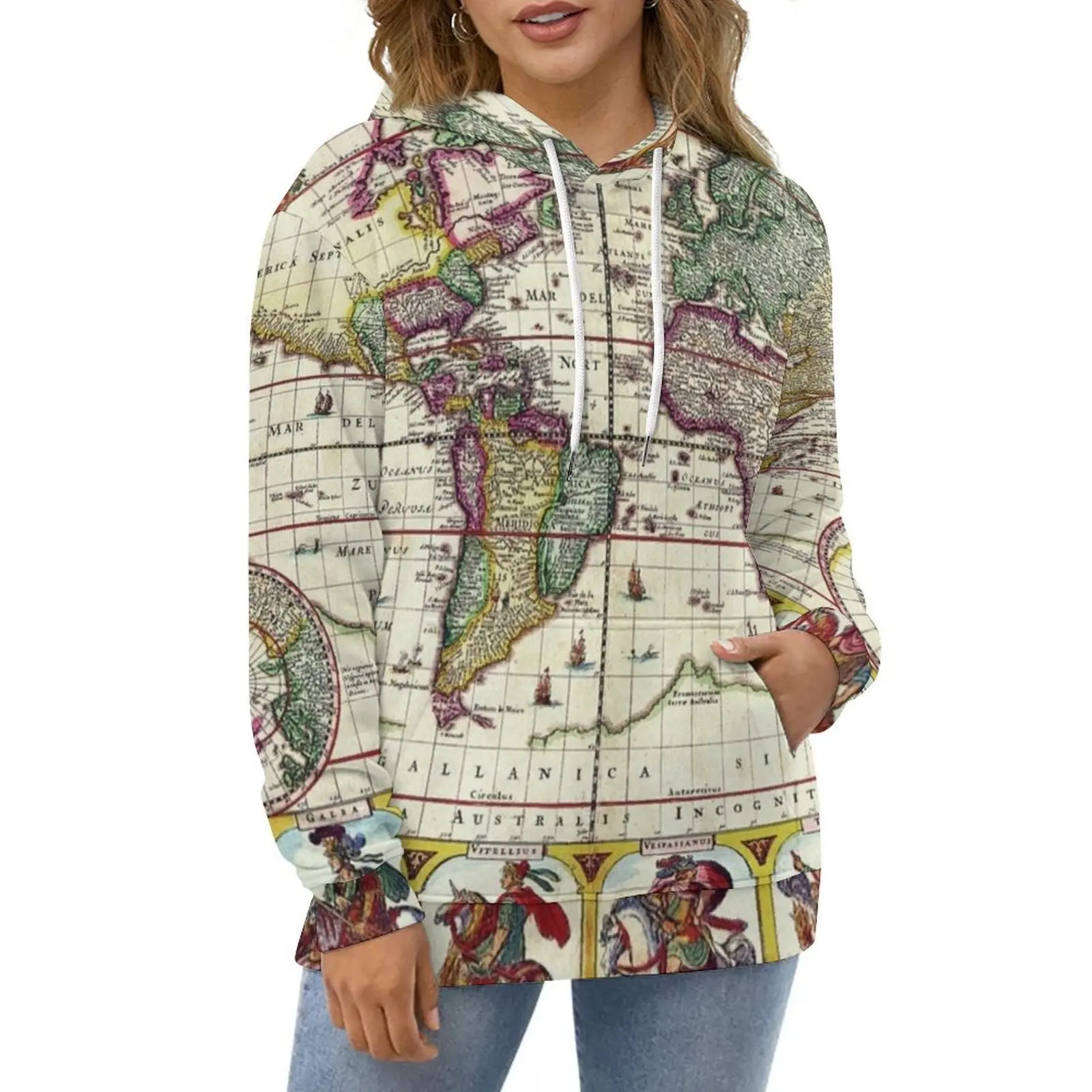 

Earth Map Casual Hoodies Vintage 1652 World Map Kawaii Hoodie Womens Long Sleeve Hip Hop Design Loose Oversize Sweatshirts