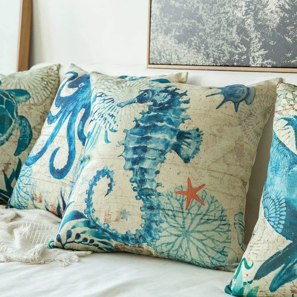 Linen pillowcase, marine life printing cushion cover 40x40 50x50 60x60, suitable for bed car sofa, pattern can be customized