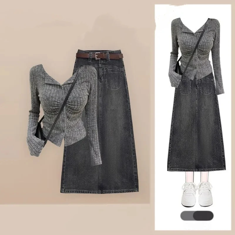 

Женский весенне-осенний тонкий вязаный кардиган, джинсовые юбки, комплект из 1 или двух предметов, женский короткий свитер, джинсовая одежда, новинка 2025, костюм