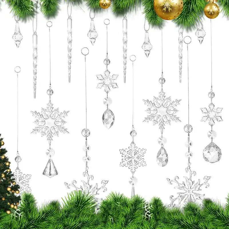 Crystal Ornaments For Christmas Tree 16X Clear Snowflake Acrylic Christmas Ornaments Icicle Snowflake Decorations With Silk