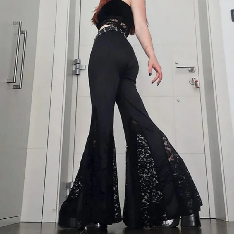 

Готические черные брюки Y2K с кружевной сеткой, расклешенные, сексуальные, в стиле Харадзюку, прозрачные, длинные, винтажные, женские летние брюки, уличная мода