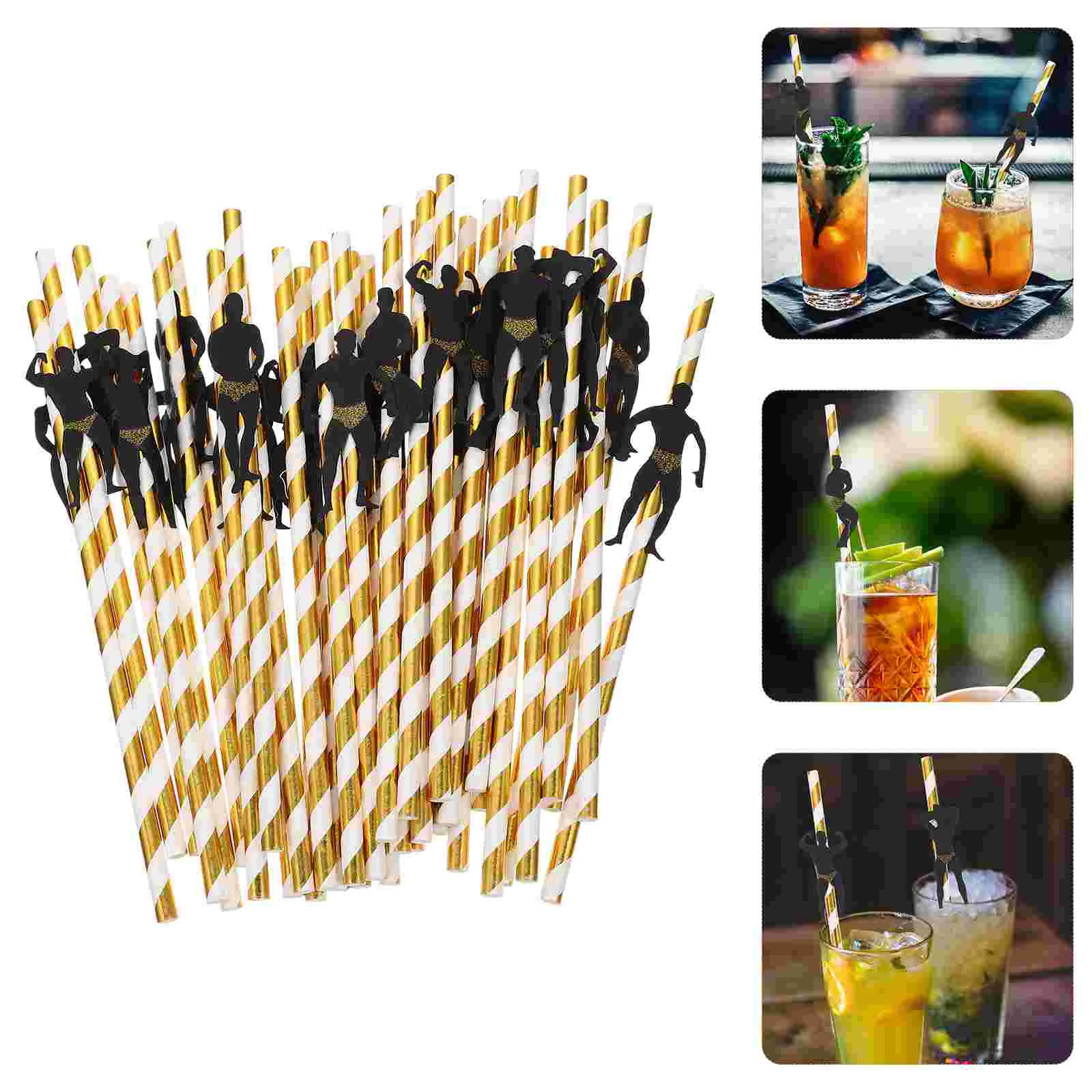 36 Pcs Straws Bachelor Party Drinking Decor Unilateral Black Golden Paper Fun Man