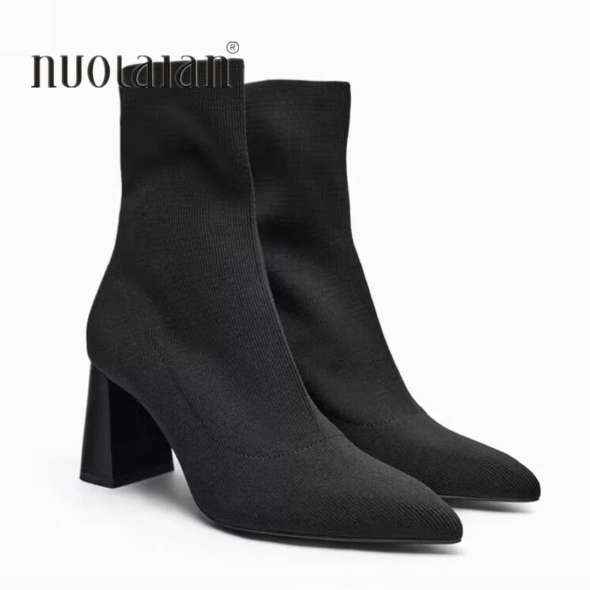 Sexy Sock Boots Knitting Stretch Boots High Heels for Women Fashion Shoes 2024 Autumn Winter Ankle Boots Female Size 42