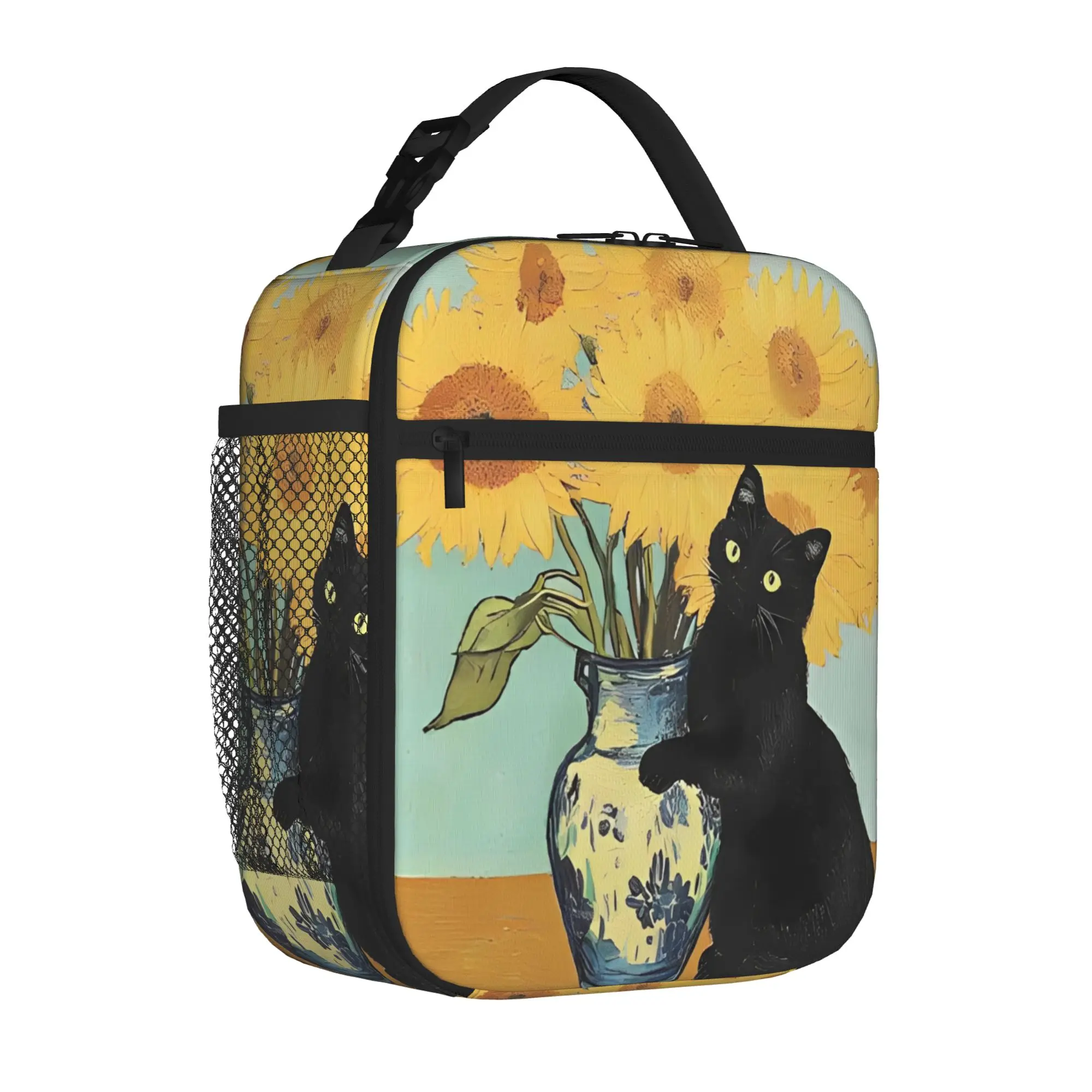 Van Gogh Sunflowers Cat Funny Tote Insulated Lunch Bag Oil Painting Portable Food Bag Leakproof Thermal Cooler Travel Large Size