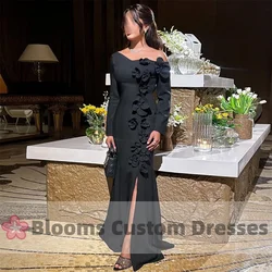 Blooms Elegant Customized Black Crepe Long Sleeves Flower Evening Dresses Off Shoulder Side Slit Formal Party Wedding Prom Dress