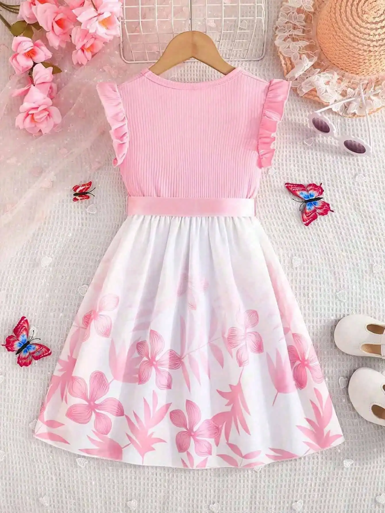 Floral print patchwork striped sleeveless dress and belt, popular style, suitable for daily travel